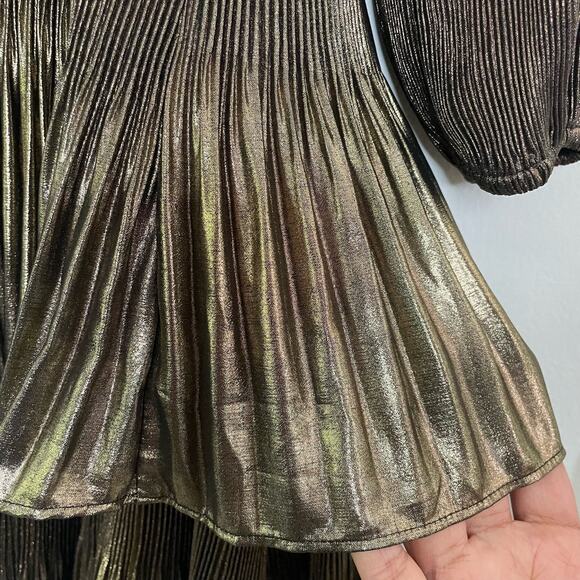 NWT Boden Plisse Mini Dress Size 10R Gold Metallic Shiny Ruffle Hem Tie Waist - Picture 9 of 12